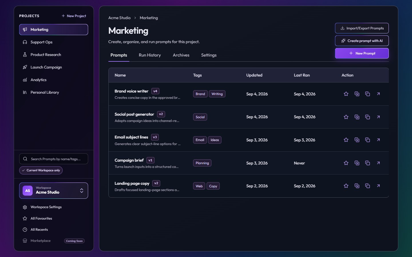 Latest Promptyx project workspace showing organized prompts, tags, dates, and project navigation