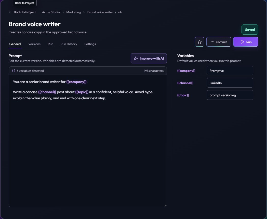 Latest Promptyx prompt editor showing versioned content, variables, commit, run, and AI improvement actions